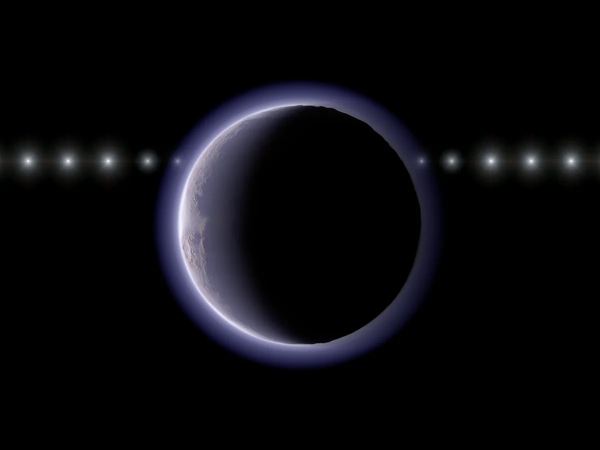 Representación de una estrella pasando detrás de un objeto transneptuniano con atmósfera