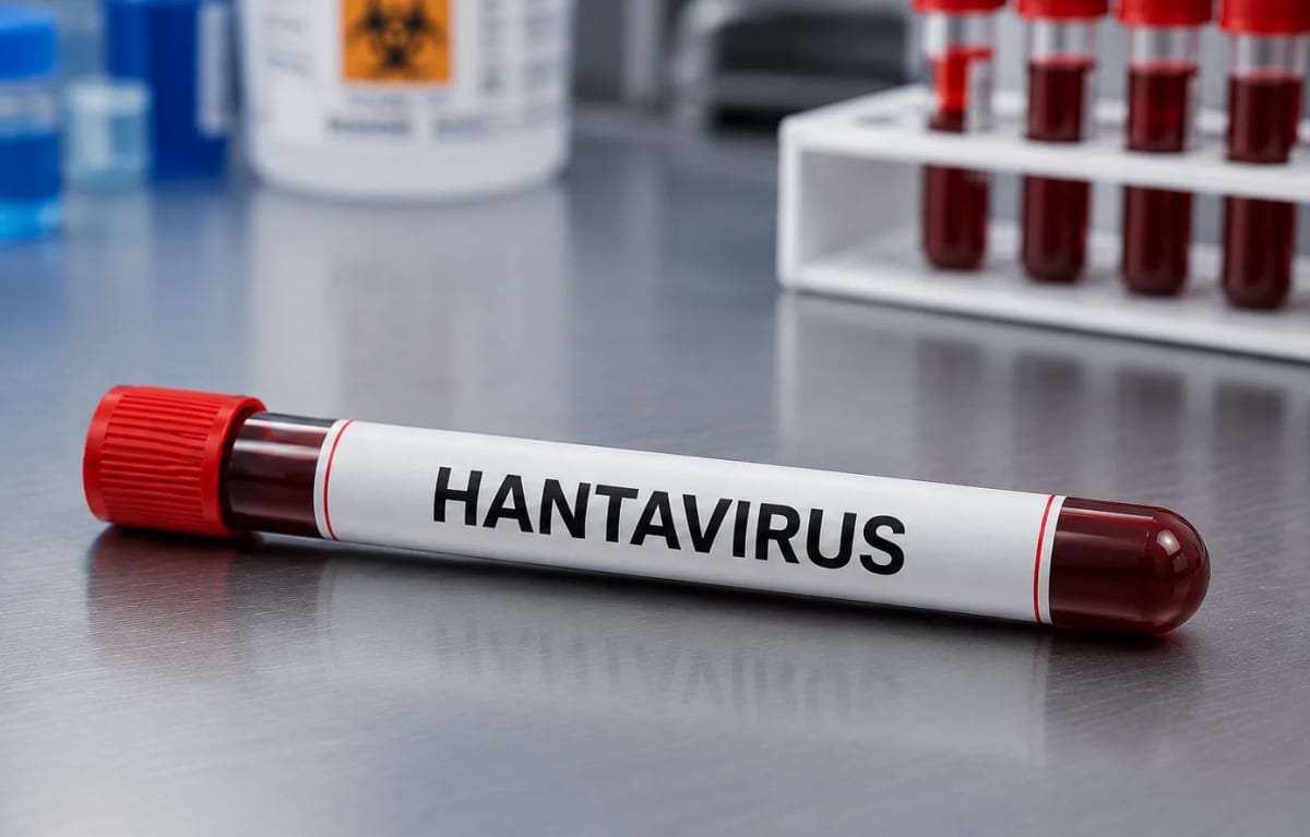 Probeta de laboratorio con muestra etiquetada como HANTAVIRUS