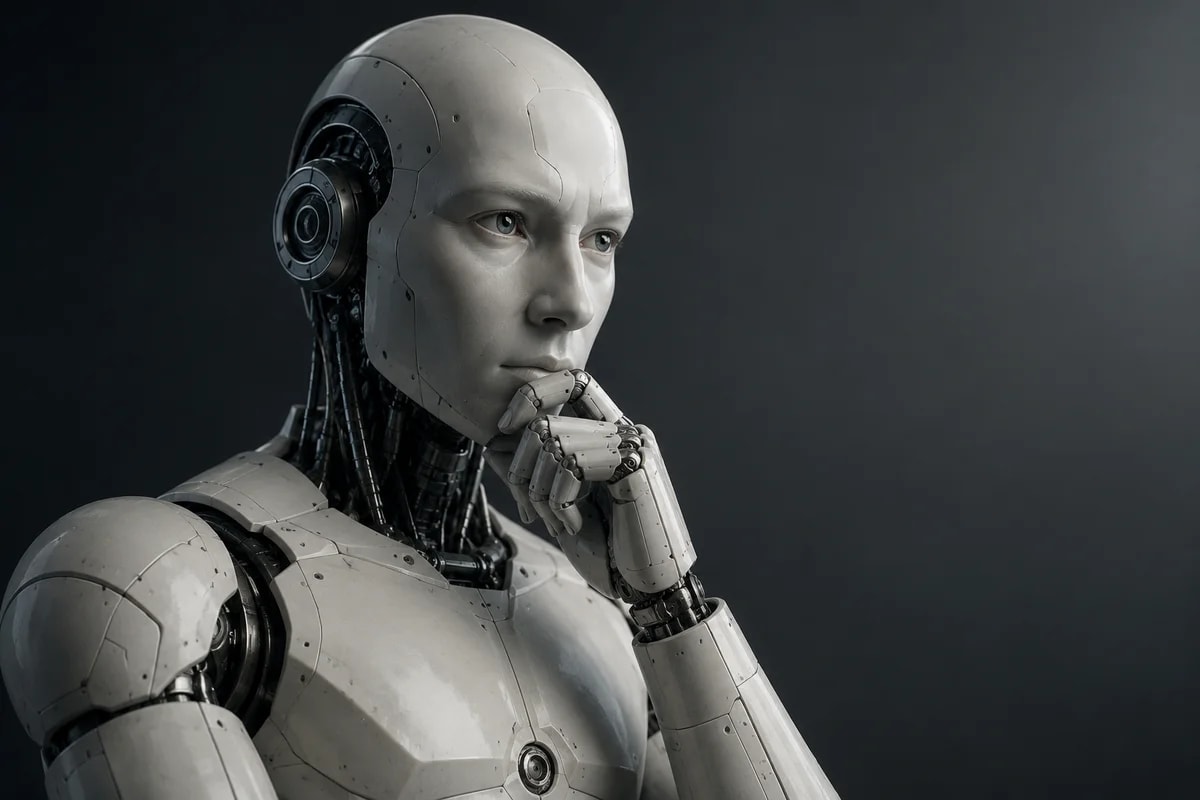 Robot humanoide en pose pensativa sobre fondo oscuro tecnológico.