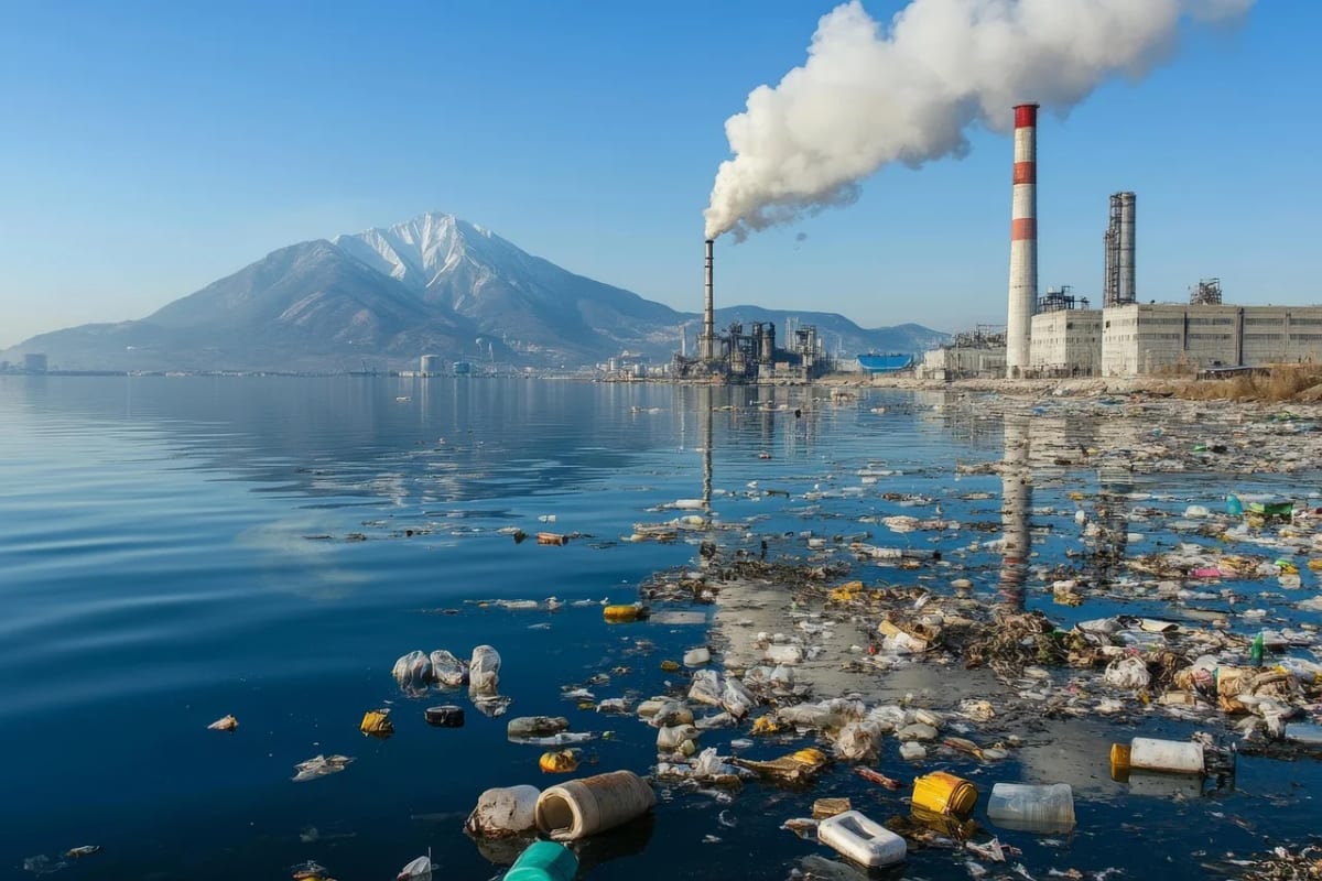 Costa contaminada con residuos y fábrica expulsando humo junto al agua