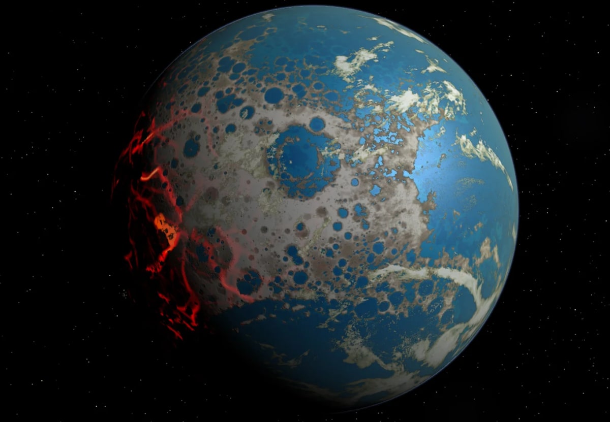 Ilustración de la Tierra primitiva cubierta de cráteres de impacto.