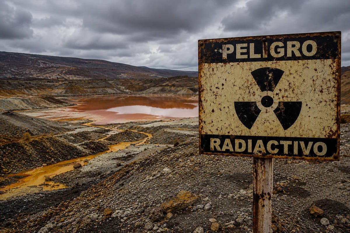 Cartel de peligro radiactivo en zona contaminada