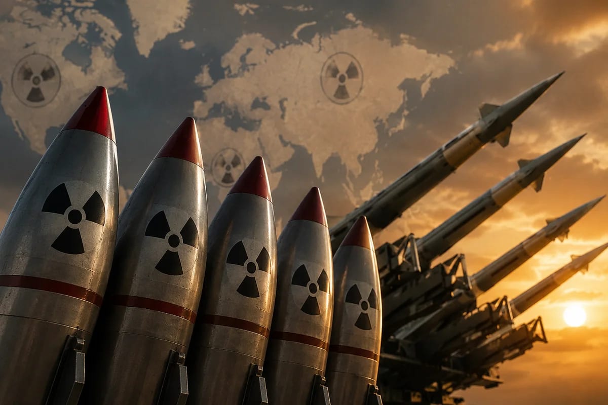 Misiles y ojivas nucleares representando el arsenal atómico mundial y la carrera armamentística en 2026