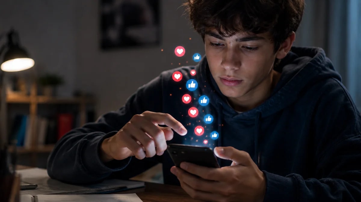 Adolescente interactúa con redes sociales desde su smartphone