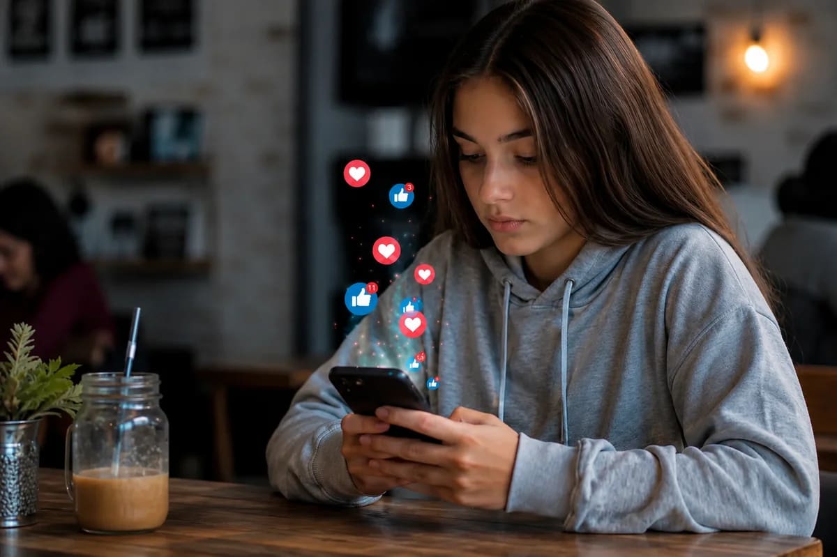 Adolescente usando redes sociales desde su smartphone.