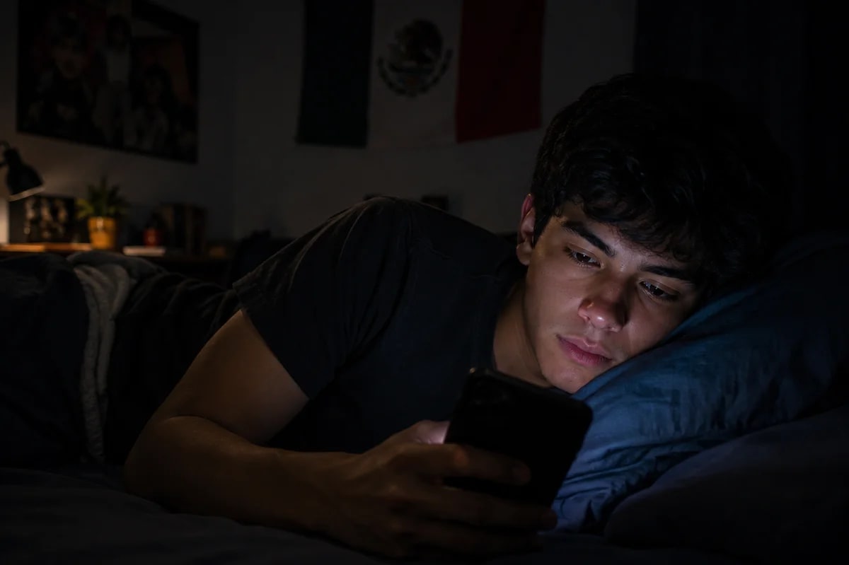 Adolescente consulta su teléfono móvil durante la noche en su habitación.