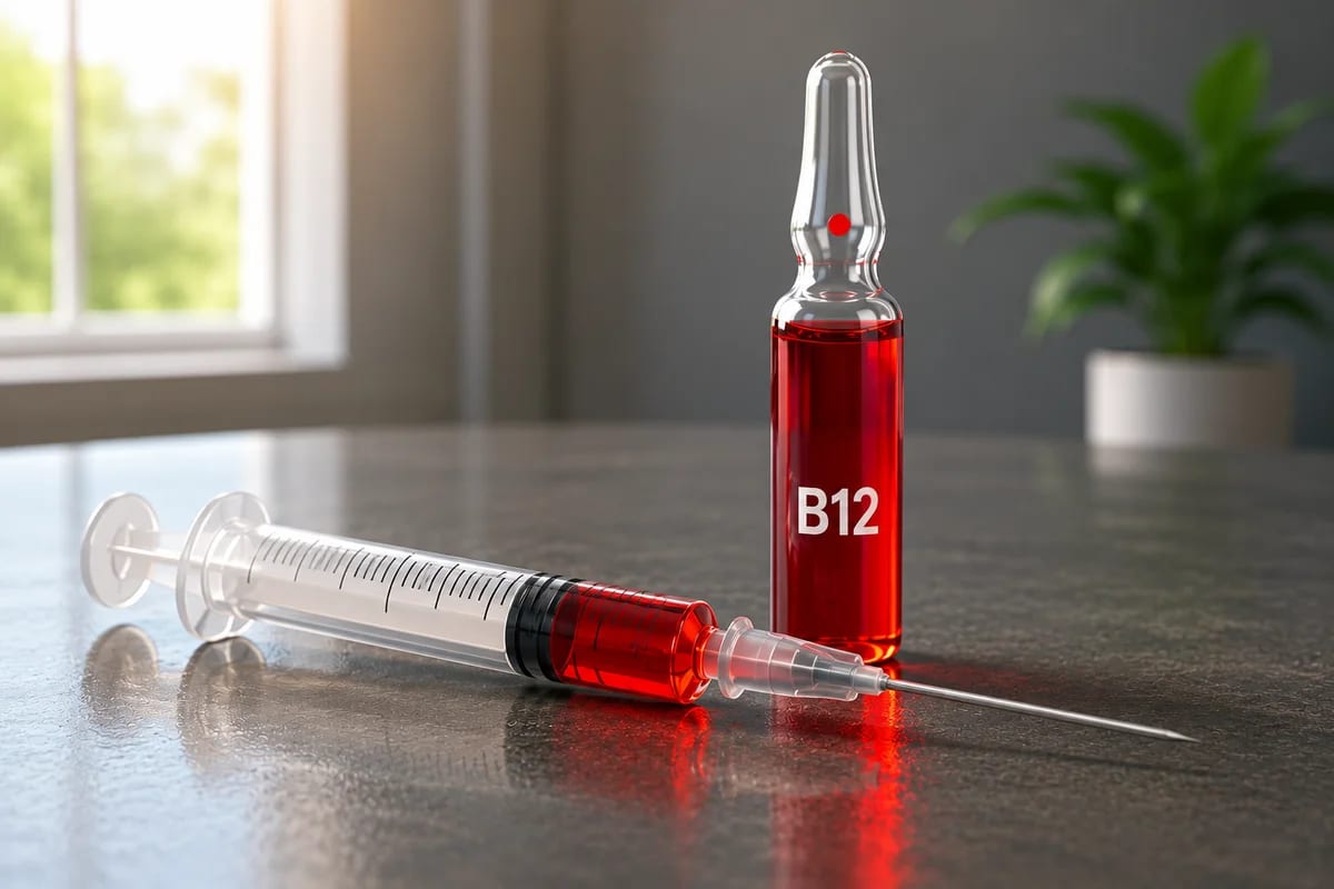 Ampolla de vitamina B12 y jeringa sobre una mesa.