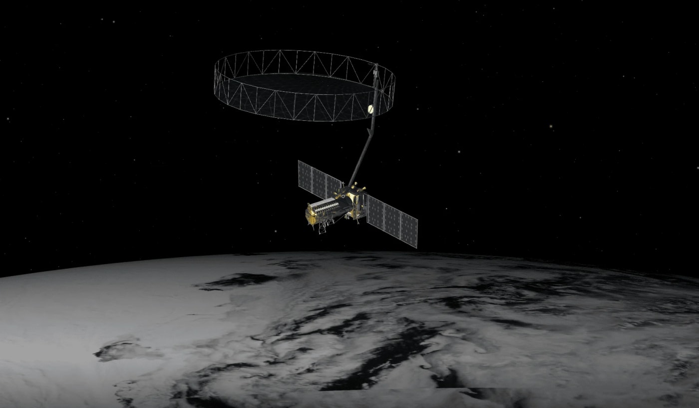 Representación artística del satélite NISAR orbitando la Tierra, equipado con tecnología avanzada de radar de apertura sintética (SAR) para la observación del planeta.