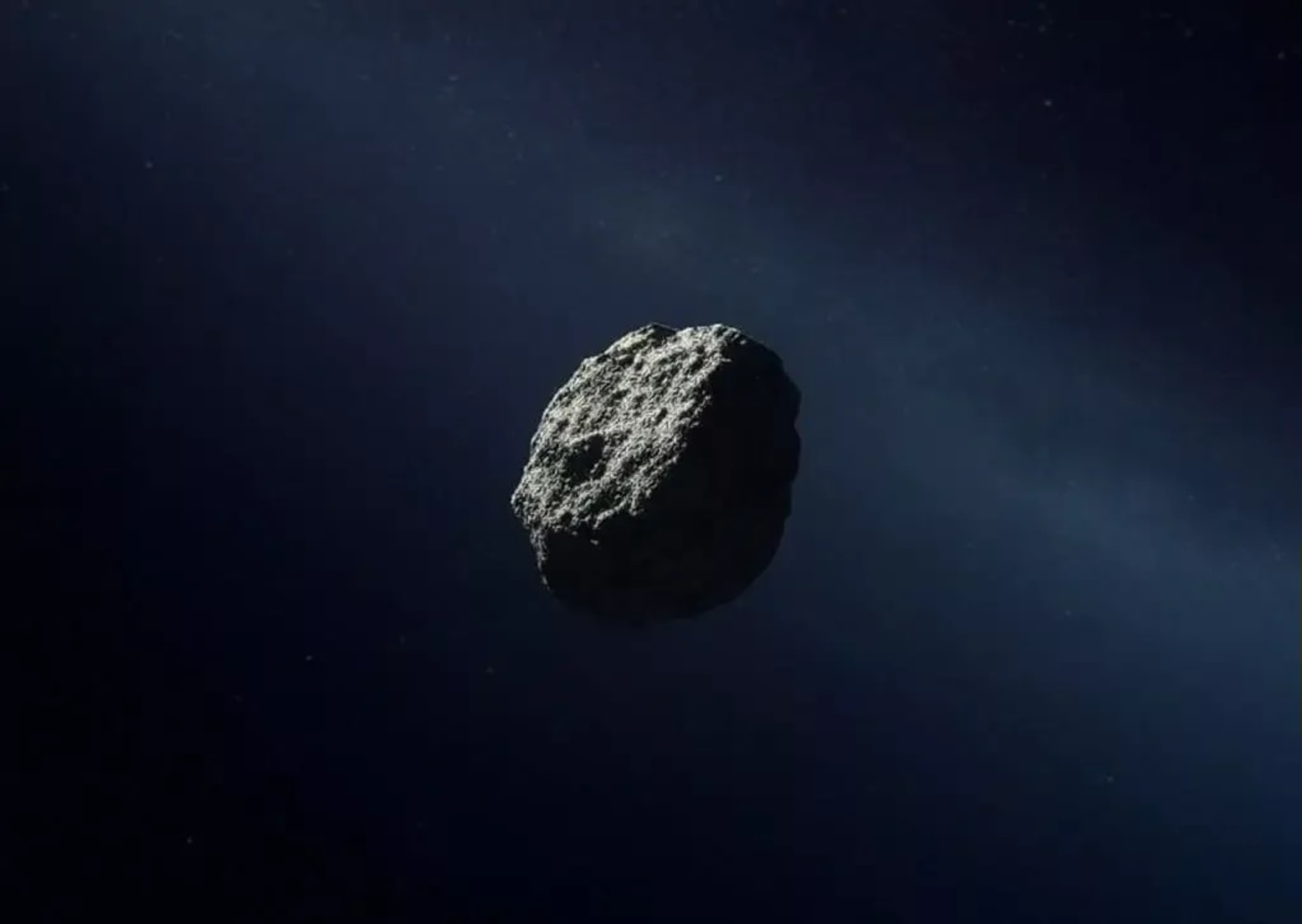 Representación artística de un asteroide flotando en el espacio con un fondo oscuro.