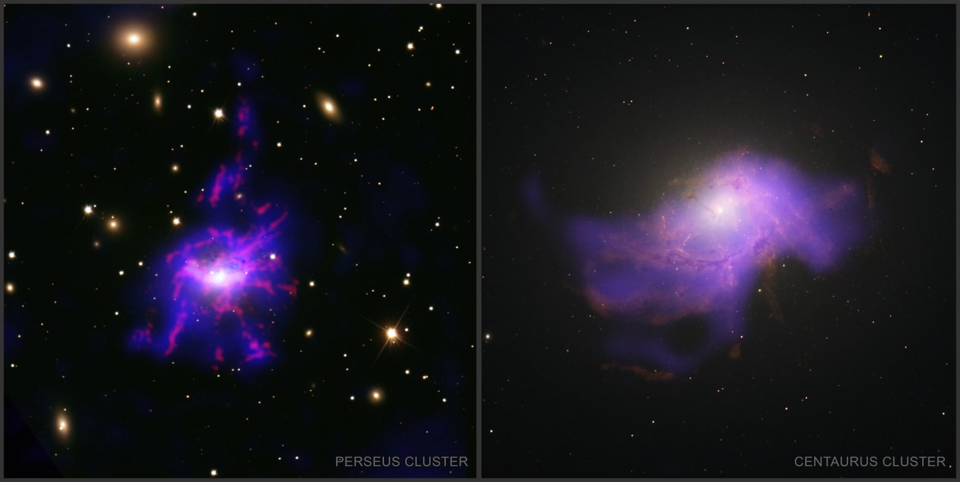 Imagen compuesta de los cúmulos de galaxias Perseo y Centaurus, mostrando filamentos de gas caliente y frío en colores azul y rojo.
