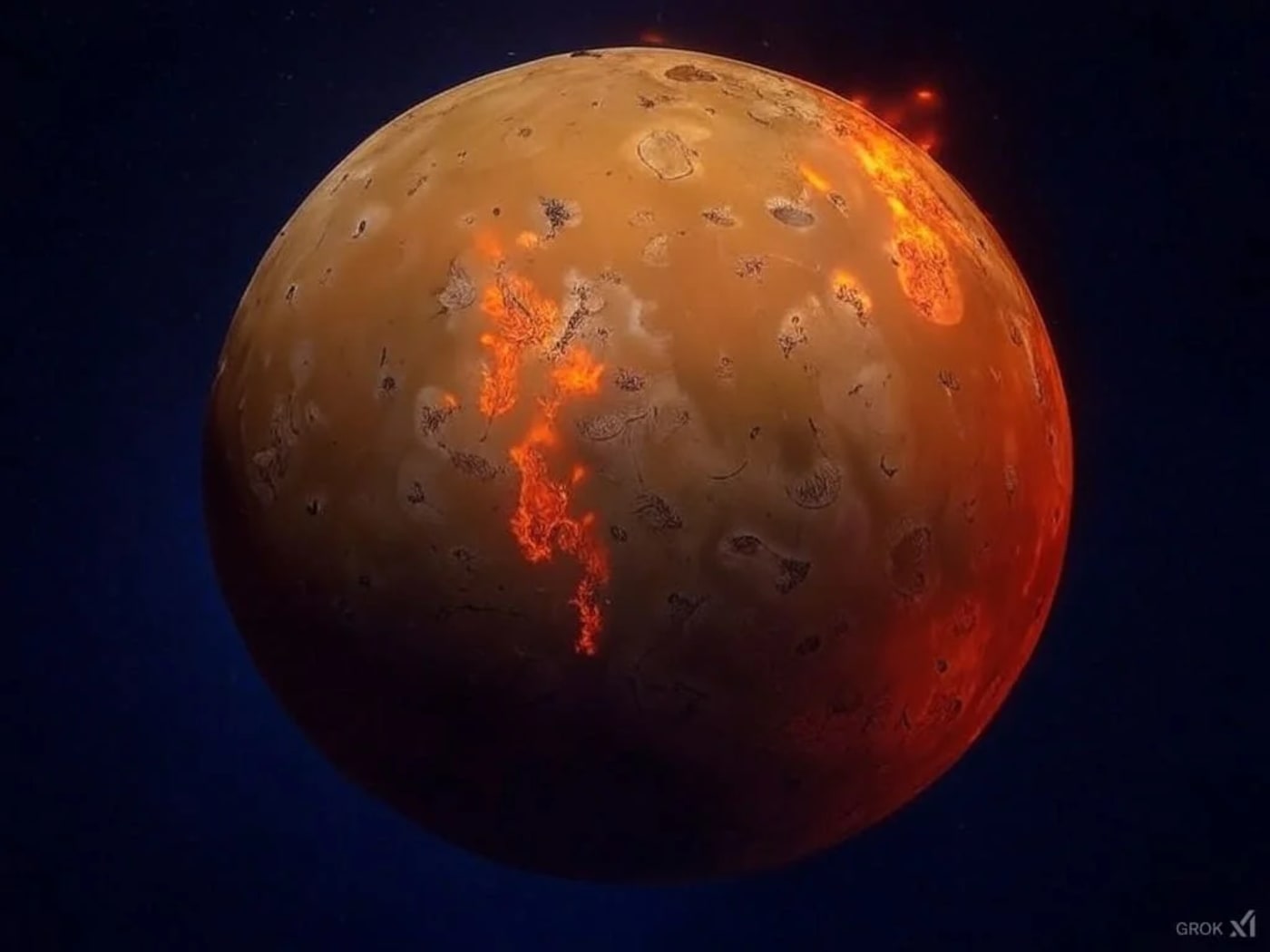 Representación de Io, la luna volcánica de Júpiter, con flujos de lava visibles.