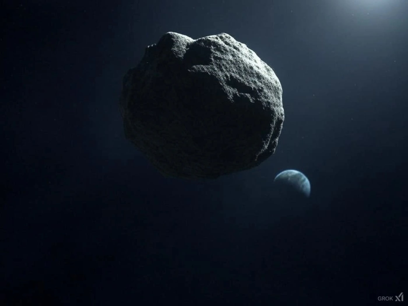 Representación de un asteroide acercándose a la Tierra en un cielo oscuro, resaltando su posible riesgo de impacto.