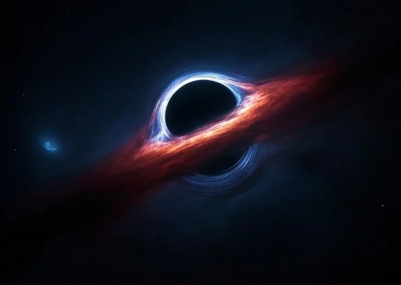 Representación de un agujero negro supermasivo, con un disco de acreción brillante y un efecto de lente gravitacional distorsionando la luz estelar.