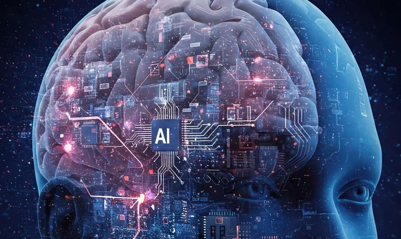 Ilustración conceptual del cerebro humano fusionado con tecnología de inteligencia artificial