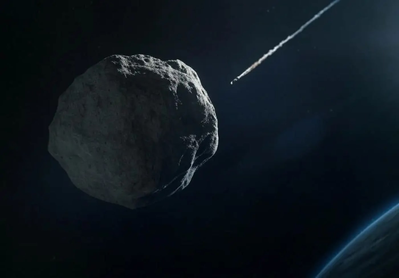 Asteroide acercándose a la Tierra mientras un misil o cohete se dirige hacia él para desviar su trayectoria en el espacio.