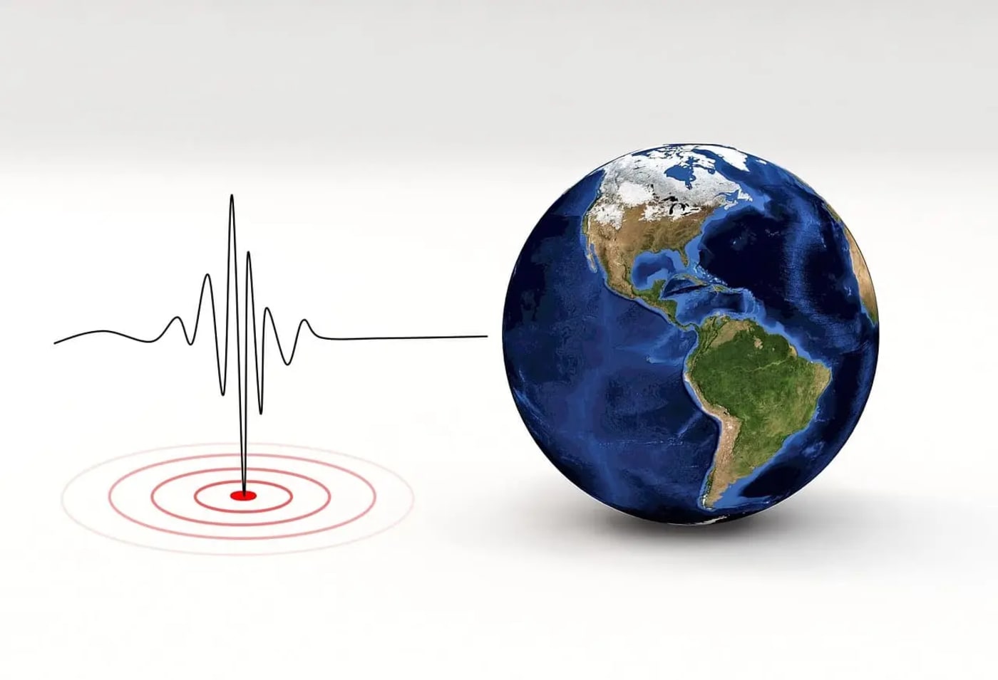 Representación conceptual de un sismo, mostrando una señal de sismógrafo conectada a un epicentro y la Tierra.