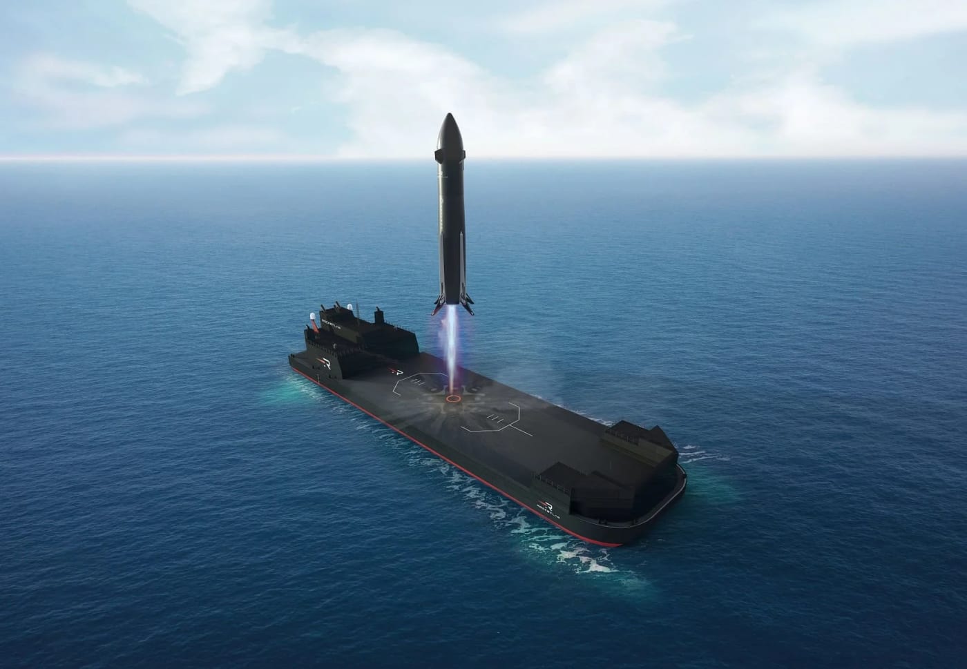 Cohete Neutron despegando desde una plataforma flotante en el mar, parte del plan de Rocket Lab para aterrizajes reutilizables.