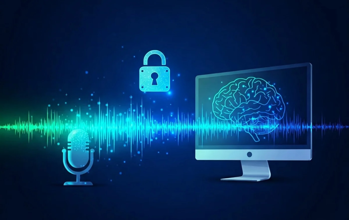 Ilustración digital de una onda de sonido fluyendo de un micrófono a una pantalla con un cerebro, protegido por un candado digital.