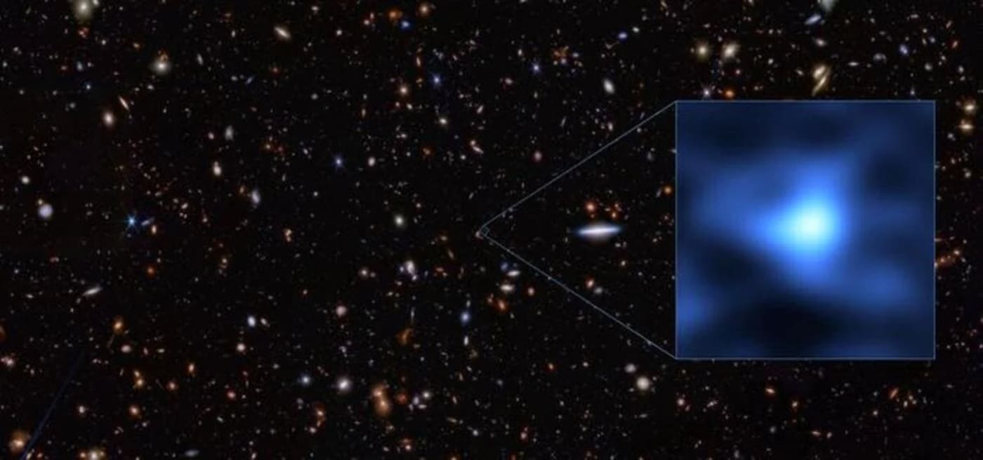 Ubicación de la galaxia JADES-GS-z14-0 en la constelación de Fornax, observada con ALMA y el Telescopio Espacial James Webb.