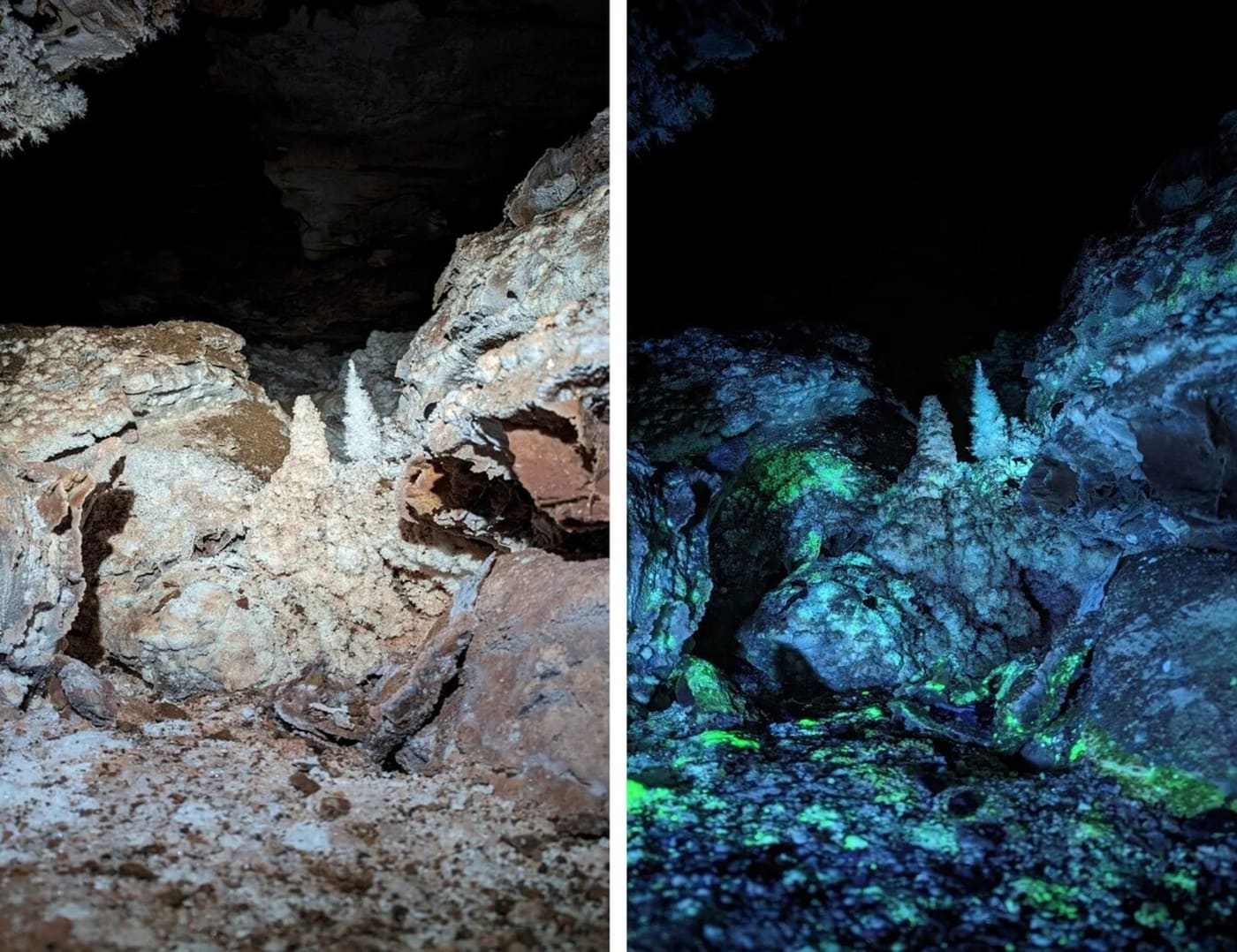 Sección de la Cueva del Viento en Dakota del Sur vista con luz blanca y ultravioleta, mostrando minerales que brillan con fluorescencia