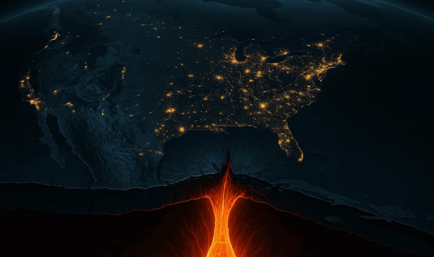 Ilustración satelital de América del Norte mostrando el fenómeno del goteo cratónico hacia el manto terrestre