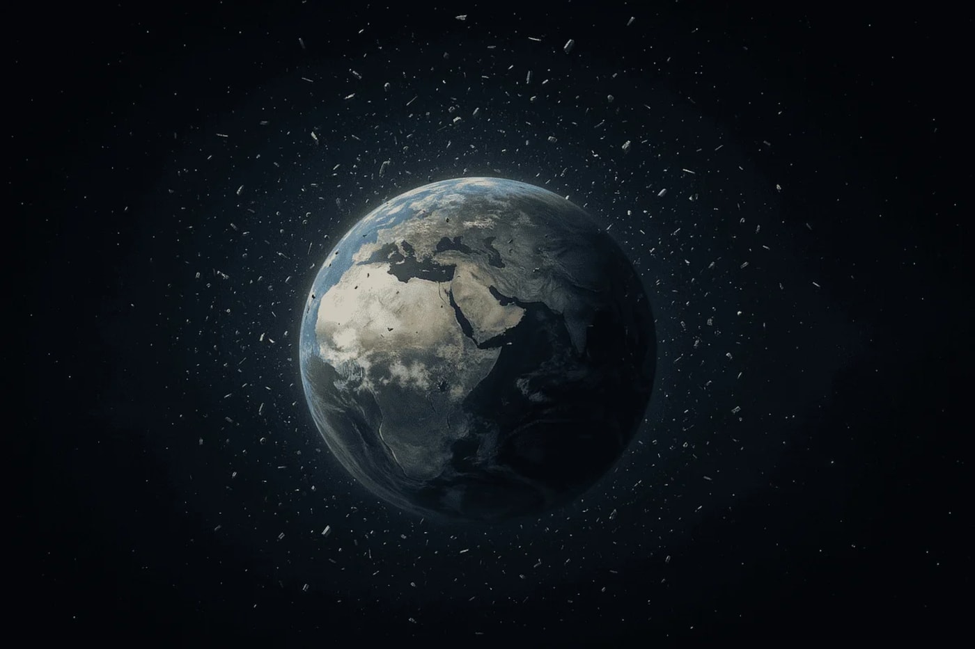 Vista lejana de la Tierra rodeada por una nube de basura espacial flotando en órbita.
