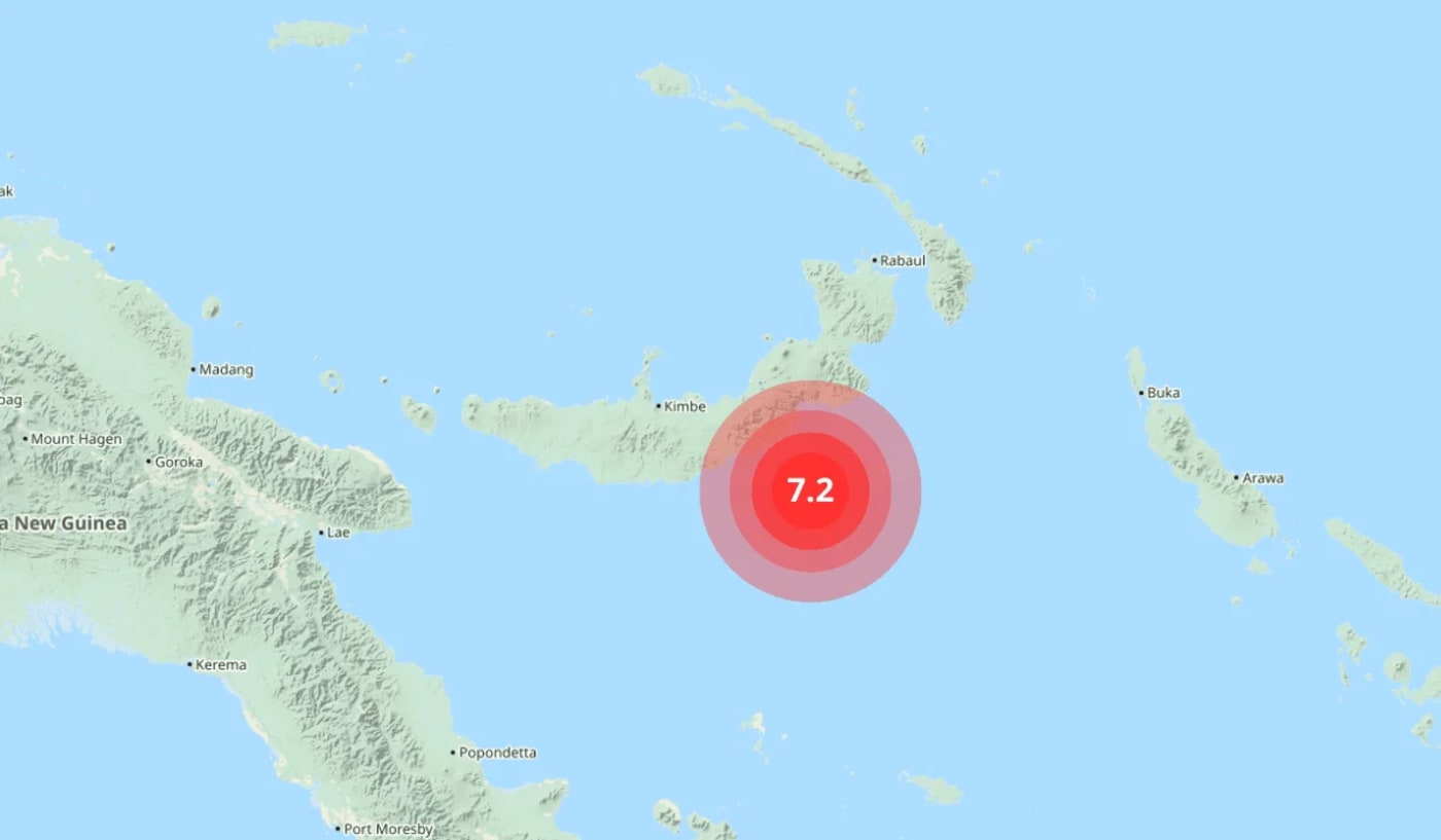 Mapa del epicentro del terremoto de magnitud 7.2 en Papúa Nueva Guinea el 4 de abril de 2025