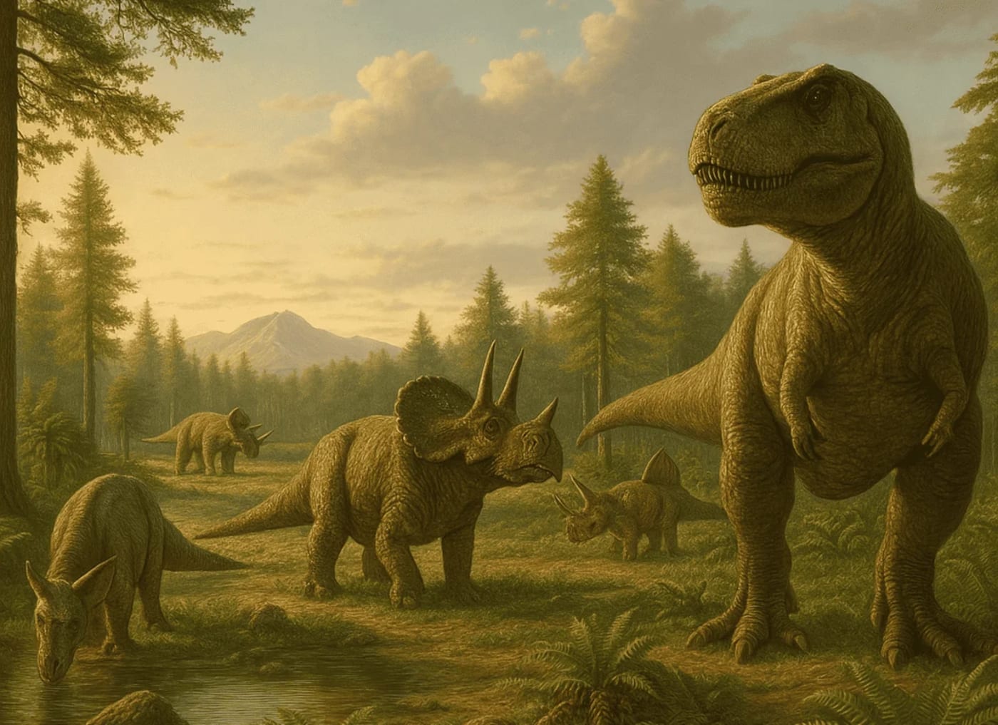 Ilustración de dinosaurios como el Triceratops y el Tyrannosaurus rex en un bosque del Cretácico.