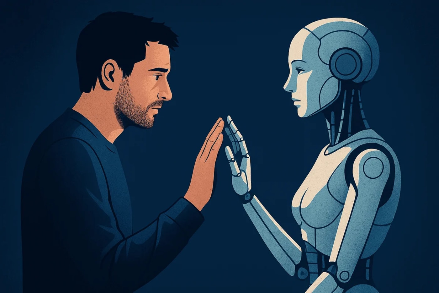 Ilustración conceptual de un humano y una inteligencia artificial en una relación emocional, representando los dilemas éticos del vínculo humano-IA.