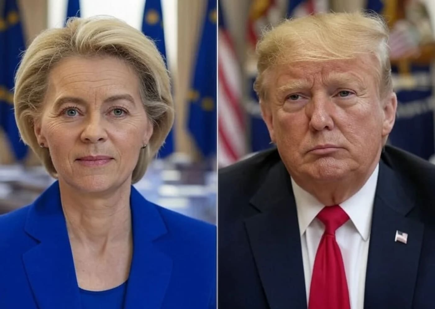 Ursula von der Leyen y Donald Trump con fondo institucional europeo y estadounidense.