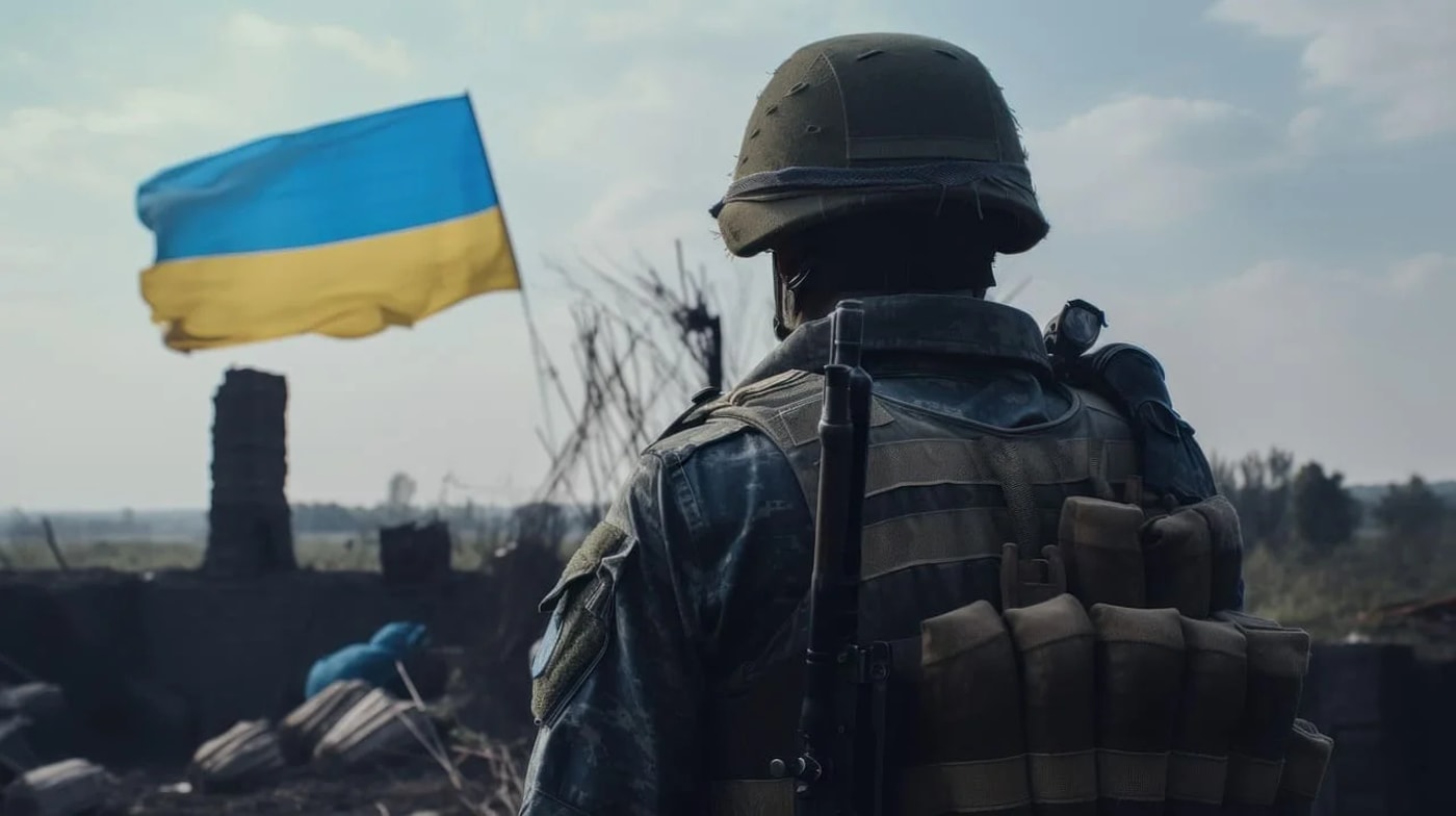 Soldado ucraniano observa una zona devastada con la bandera de Ucrania ondeando al fondo, símbolo del conflicto armado.