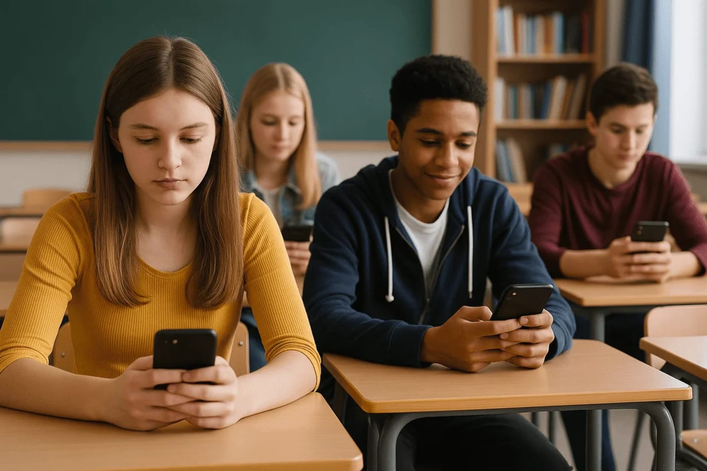 Cuatro estudiantes en un aula utilizando sus teléfonos móviles durante la jornada escolar