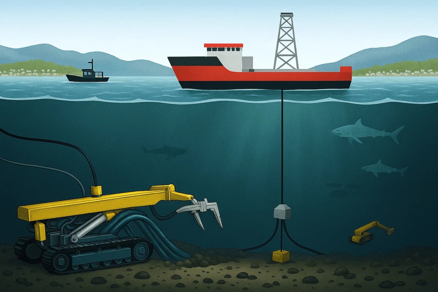 Ilustración digital de una operación de minería submarina frente a la costa, con maquinaria, cables y fauna marina visible.