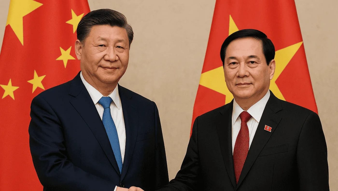 El presidente de China y el presidente de Vietnam posan juntos frente a las banderas nacionales.