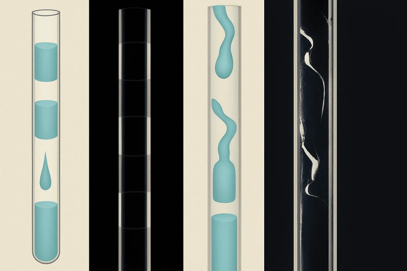 Ilustración y fotografía comparativa del flujo de tapón en tubos recubiertos de polímero, capaz de generar electricidad a partir del agua.