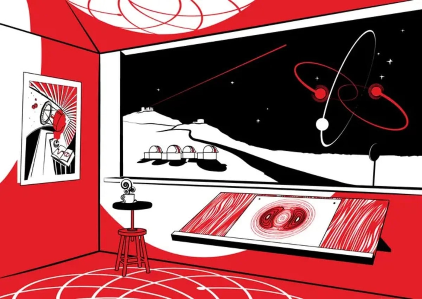 Ilustración estilizada de una oficina con vista al Observatorio Paranal en Chile, donde se representa el sistema estelar 2M1510 con un exoplaneta en órbita polar.