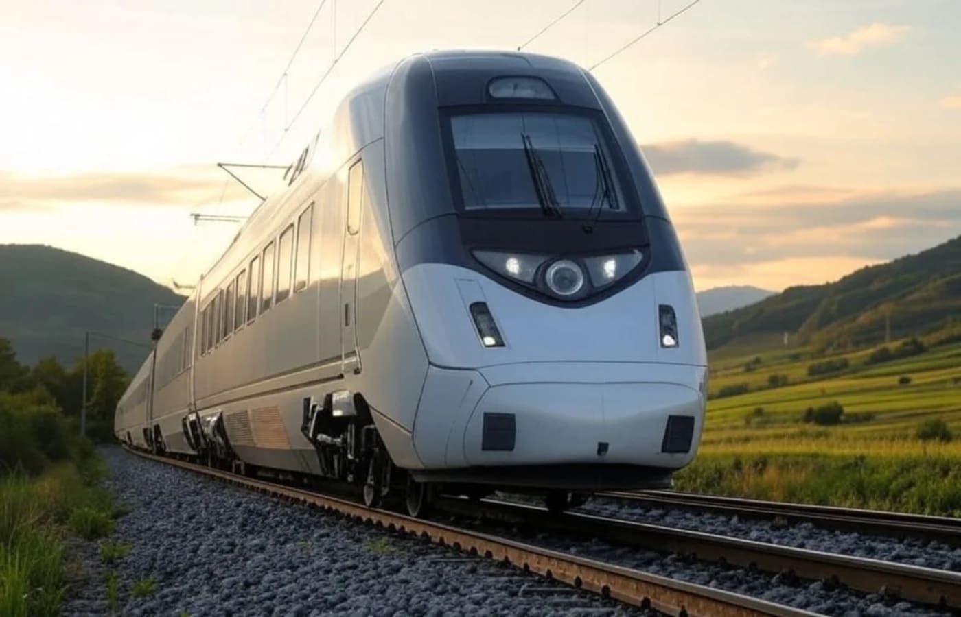 Tren eléctrico de cercanías avanzando al atardecer por una línea modernizada rodeada de paisajes verdes y colinas.