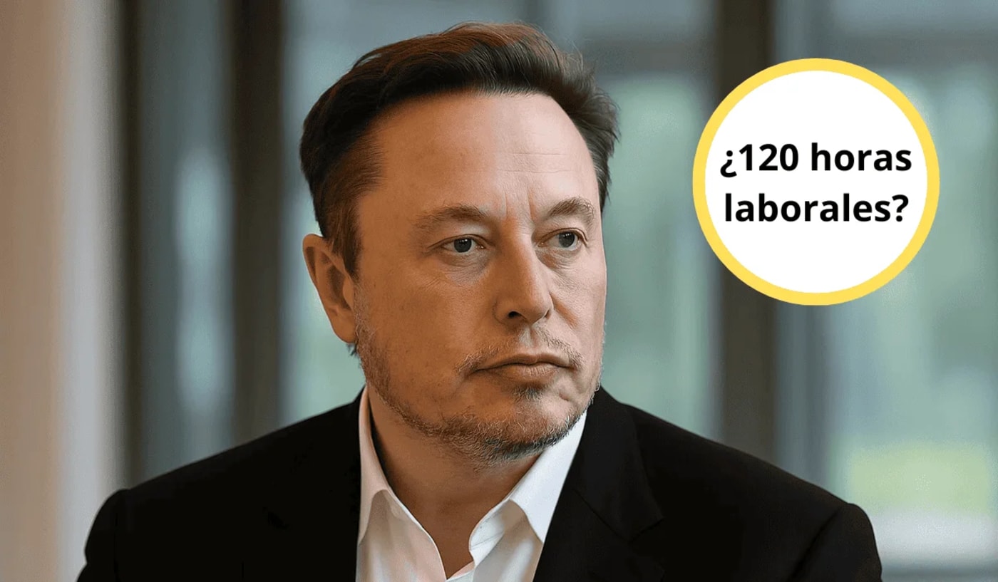 Elon Musk con gesto serio y un círculo que dice "¿120 horas laborales?"