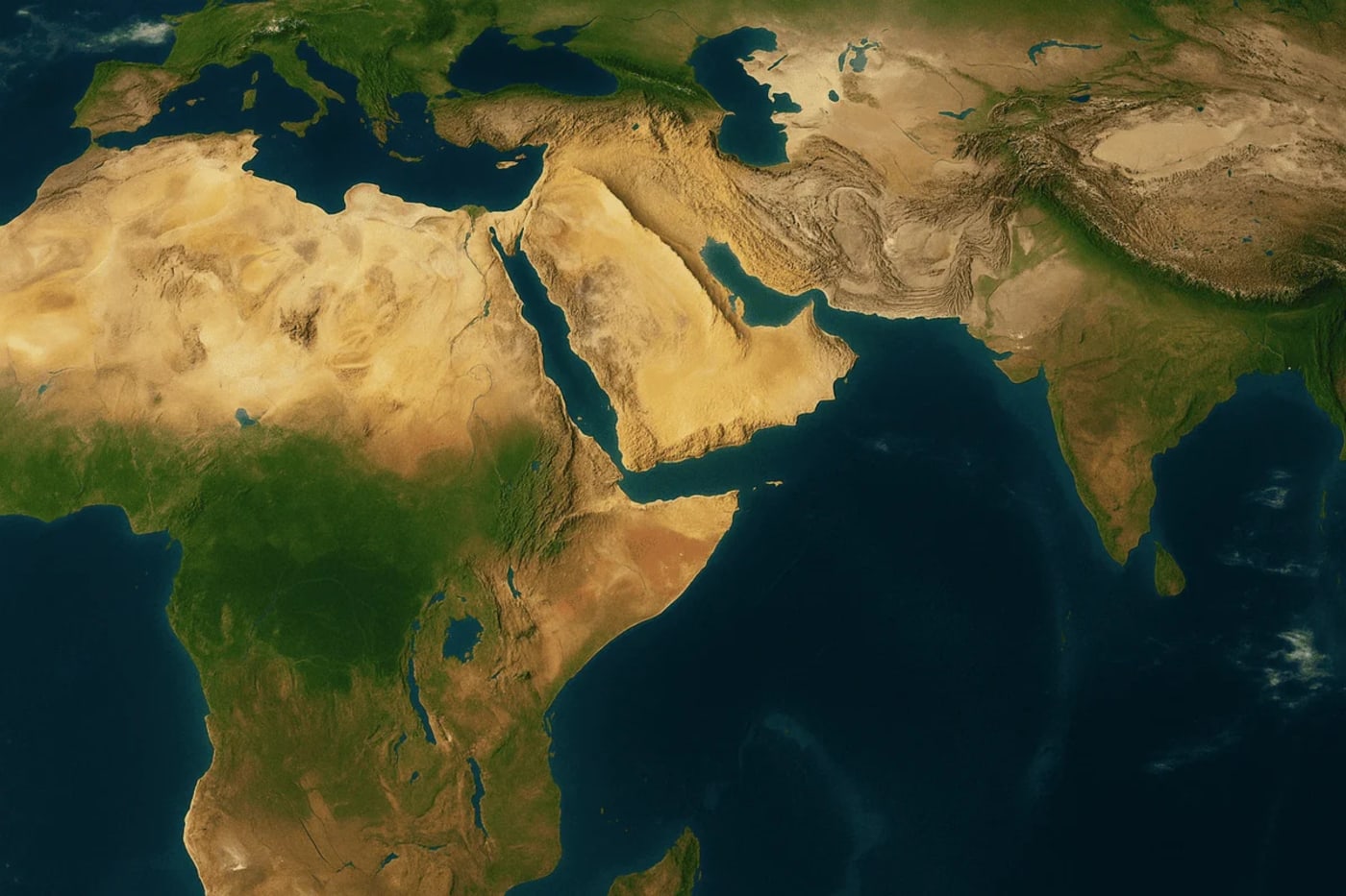 Mapa satelital digital que muestra la península arábiga y la conexión terrestre entre África y Asia hace 20 millones de años.