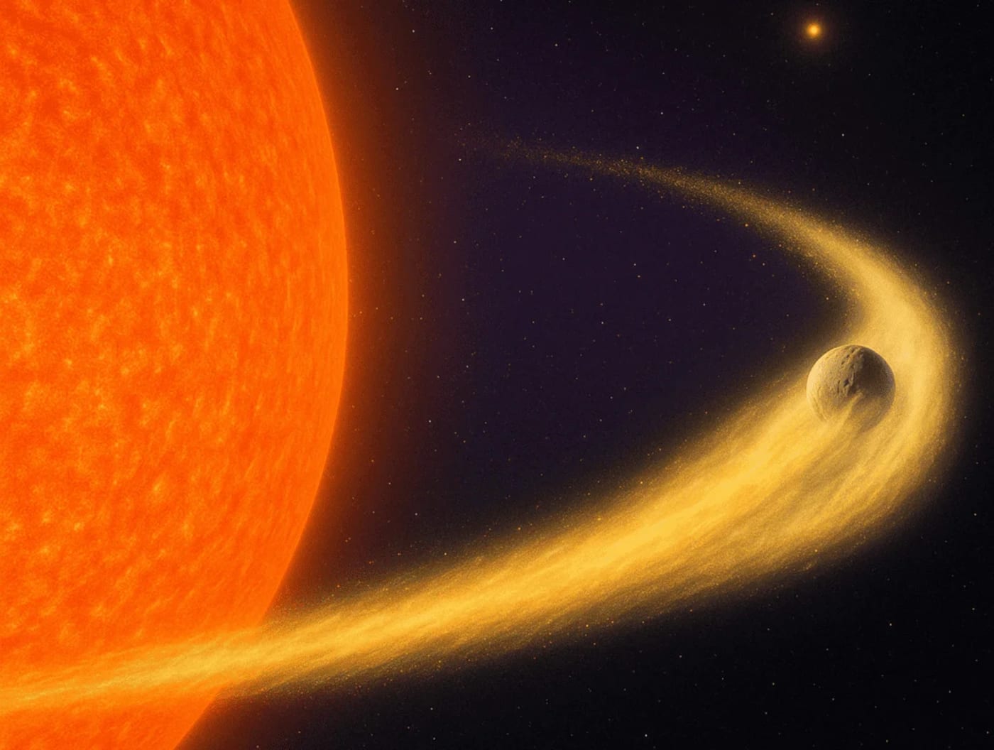 Ilustración digital del planeta BD+05 4868 Ab desintegrándose, con una larga cola de polvo en su órbita cercana a una estrella gigante.