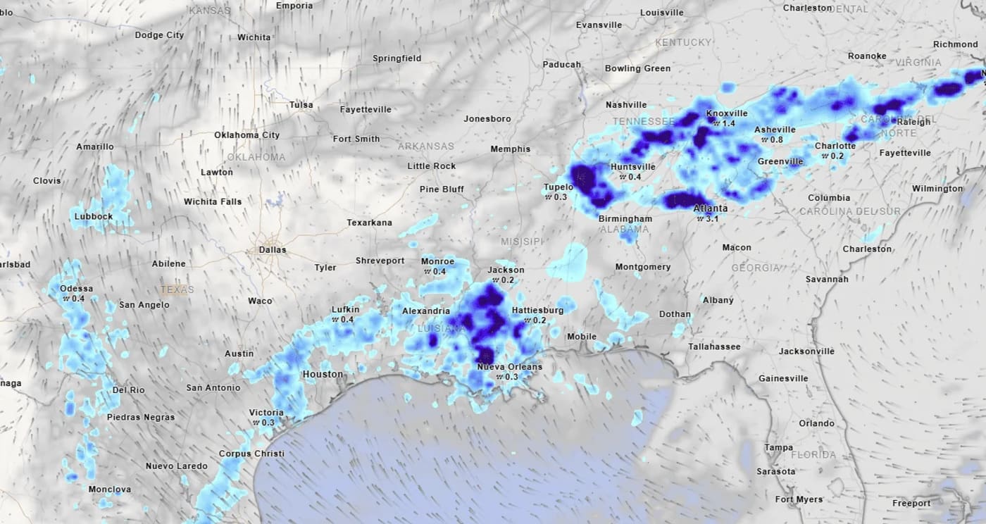 Mapa de radar mostrando lluvias intensas y tormentas eléctricas sobre el sur y centro de Estados Unidos, con especial concentración en Luisiana, Georgia y Tennessee.