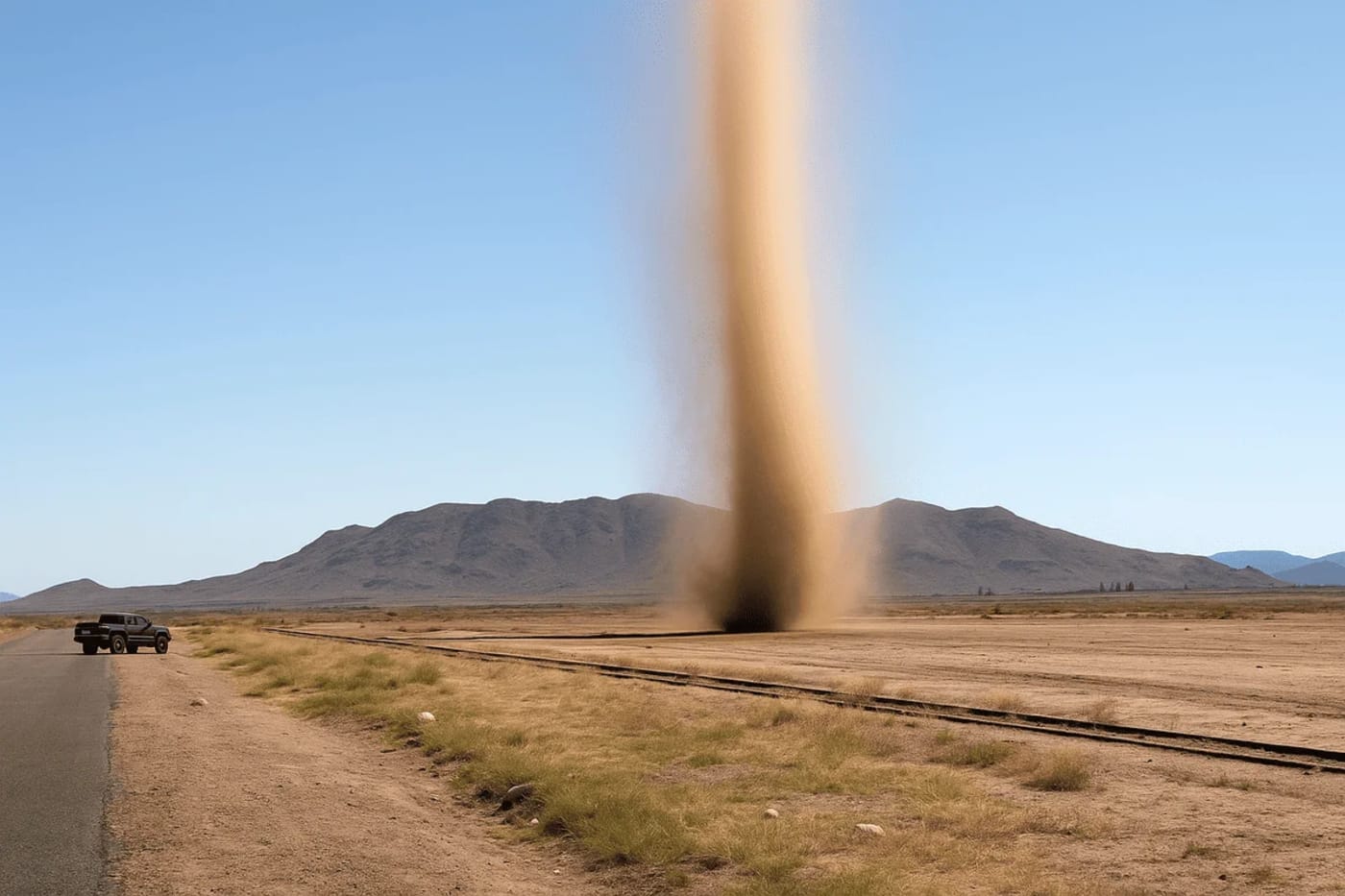 Remolino de polvo de gran altura atravesando el desierto cerca de Casa Grande, Arizona, bajo cielos despejados.