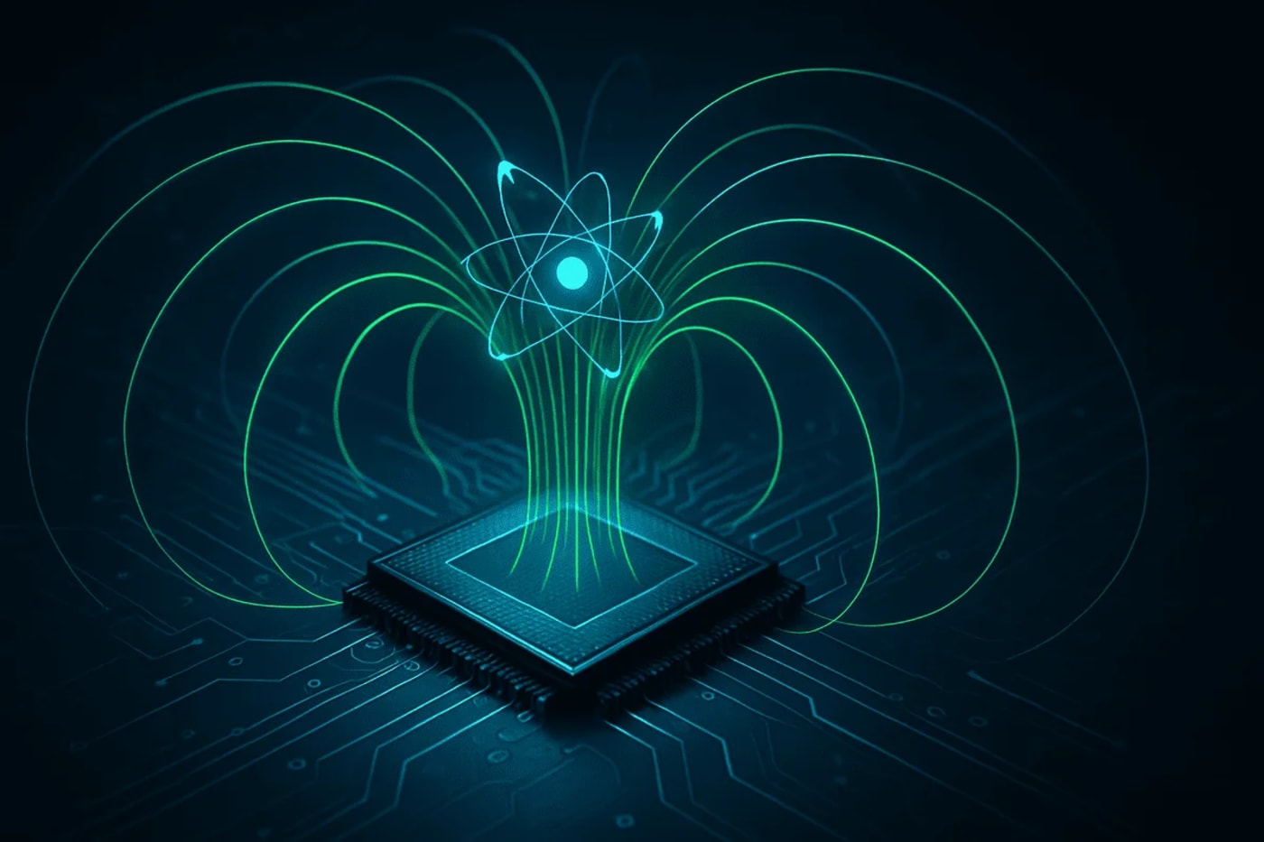 Ilustración digital de un chip procesador mostrando líneas de campo magnético emergentes, representando avances en magnetismo no convencional para tecnologías de la información.