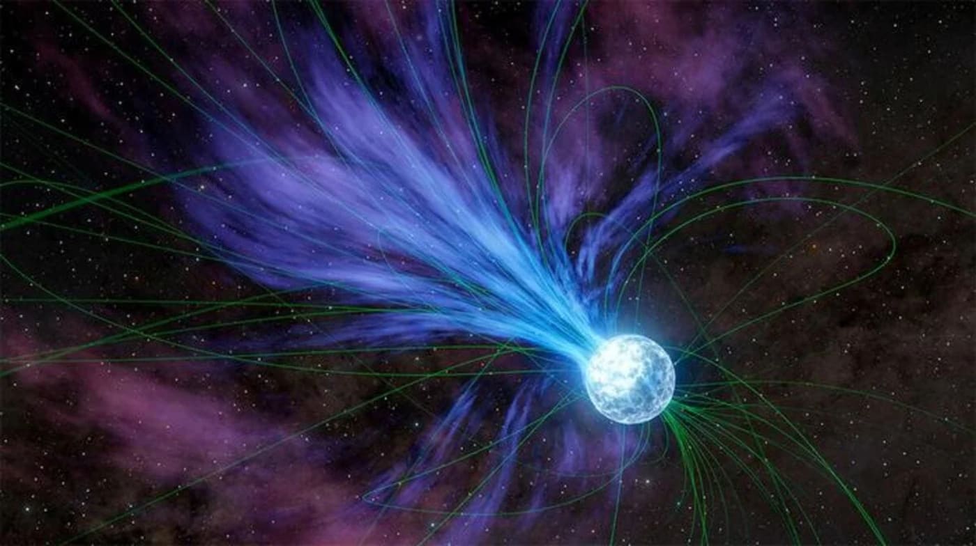 Ilustración artística de un magnetar expulsando materia al espacio, con líneas verdes que representan campos magnéticos distorsionados.
