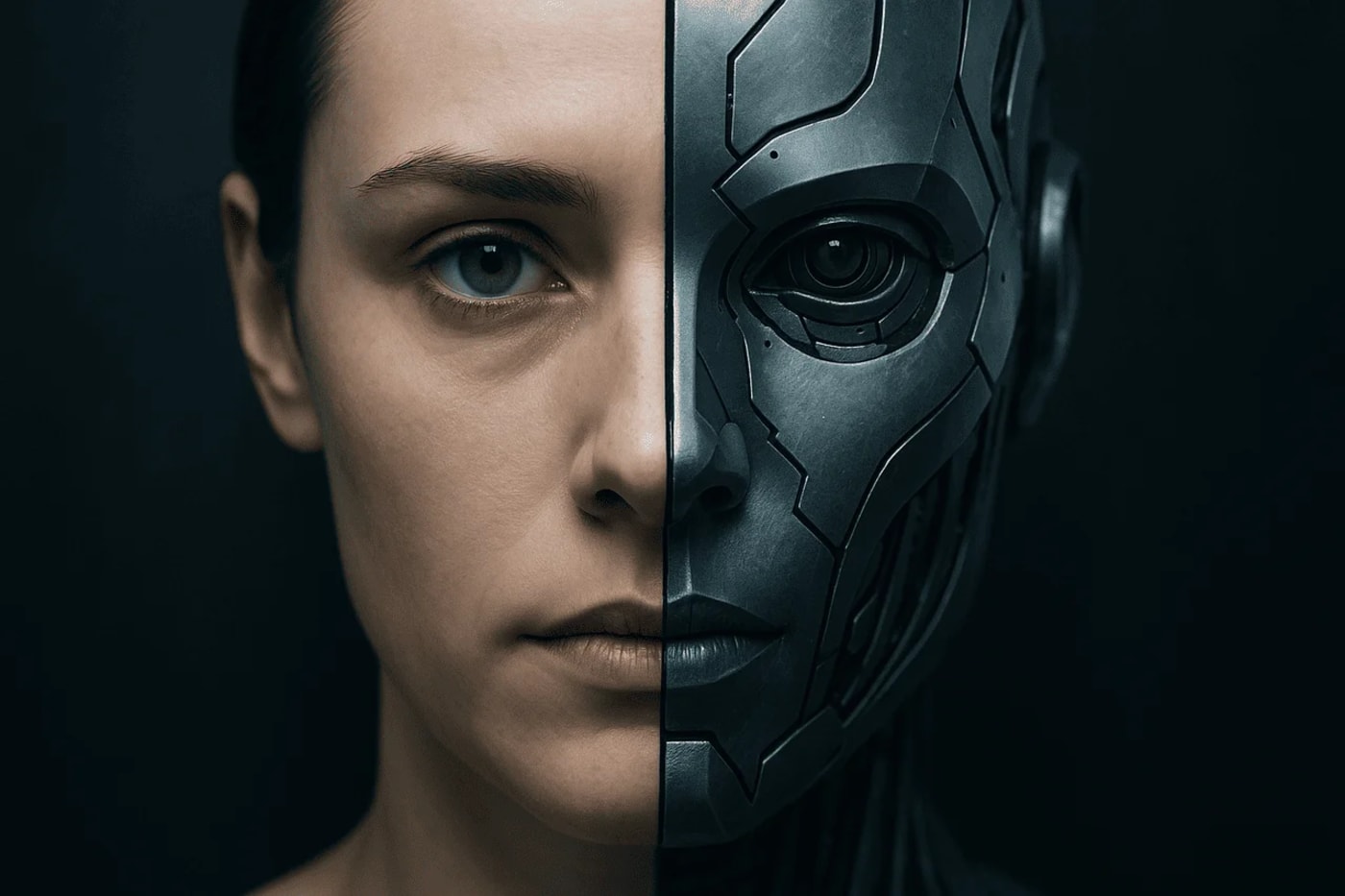 Mitad del rostro humano fusionado con mitad robótica, simbolizando el impacto de la inteligencia artificial