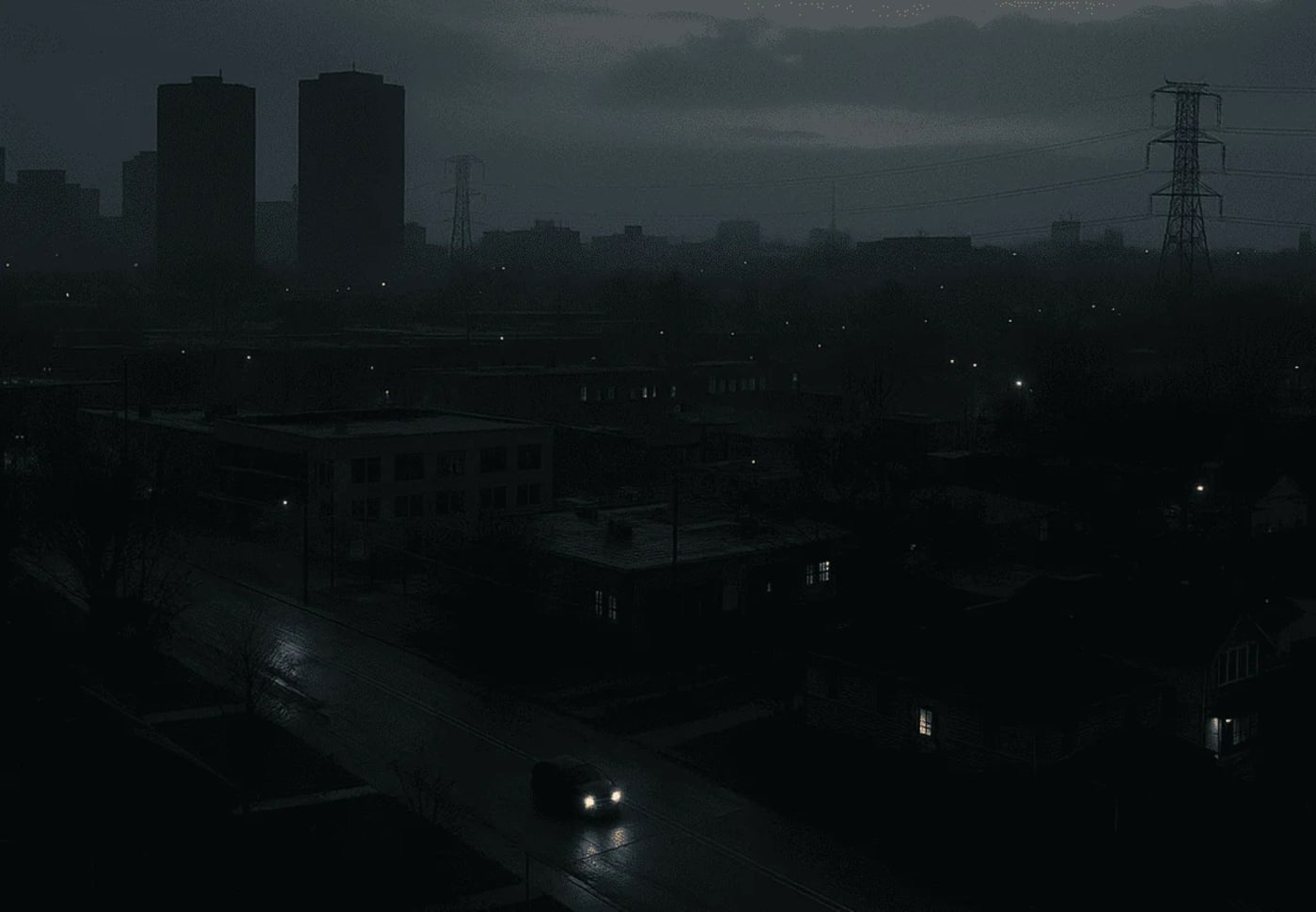 Horizonte urbano completamente a oscuras durante un apagón eléctrico nocturno