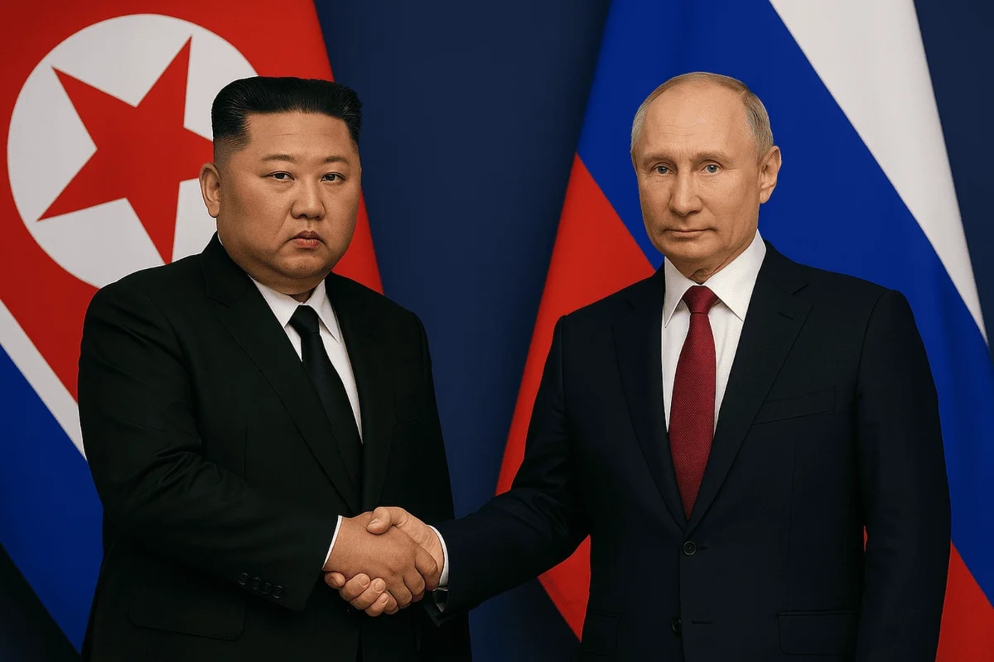 Reunión entre Kim Jong-un y Vladimir Putin con banderas de Corea del Norte y Rusia de fondo