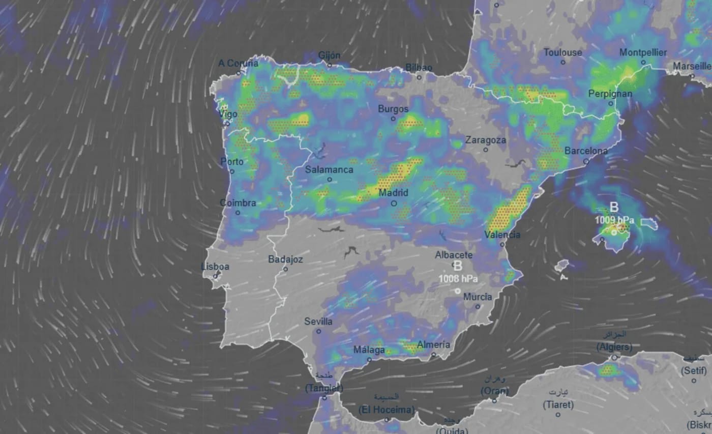 Mapa meteorológico con lluvias en España previsto para el viernes 9 de mayo de 2025