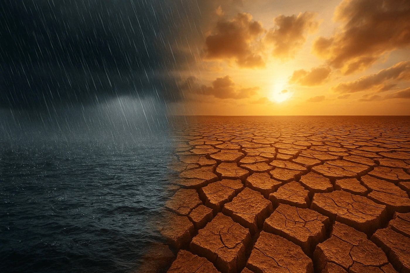 Contraste entre intensas lluvias sobre el mar y una severa sequía en tierra agrietada
