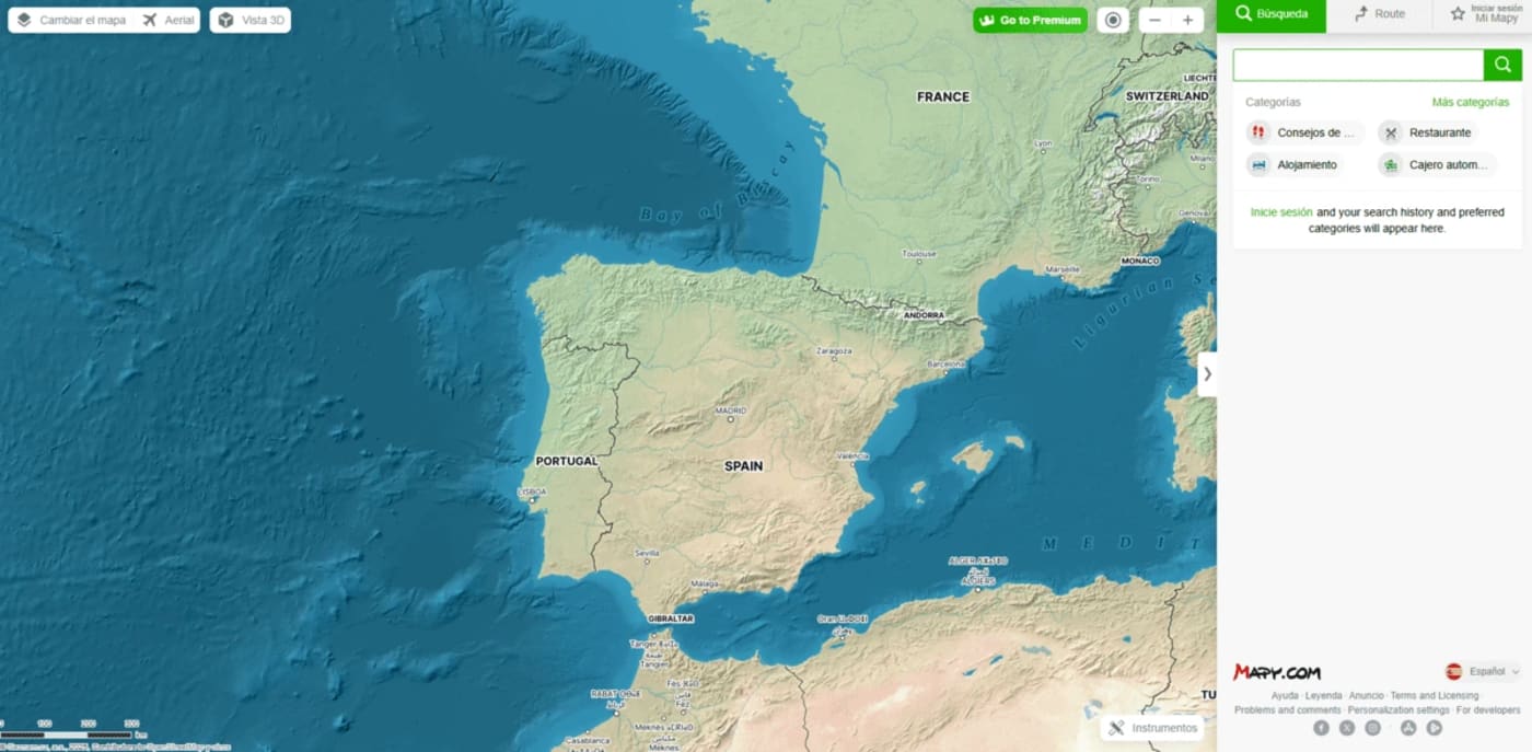 Captura de Mapy.com mostrando el mapa detallado de la península ibérica